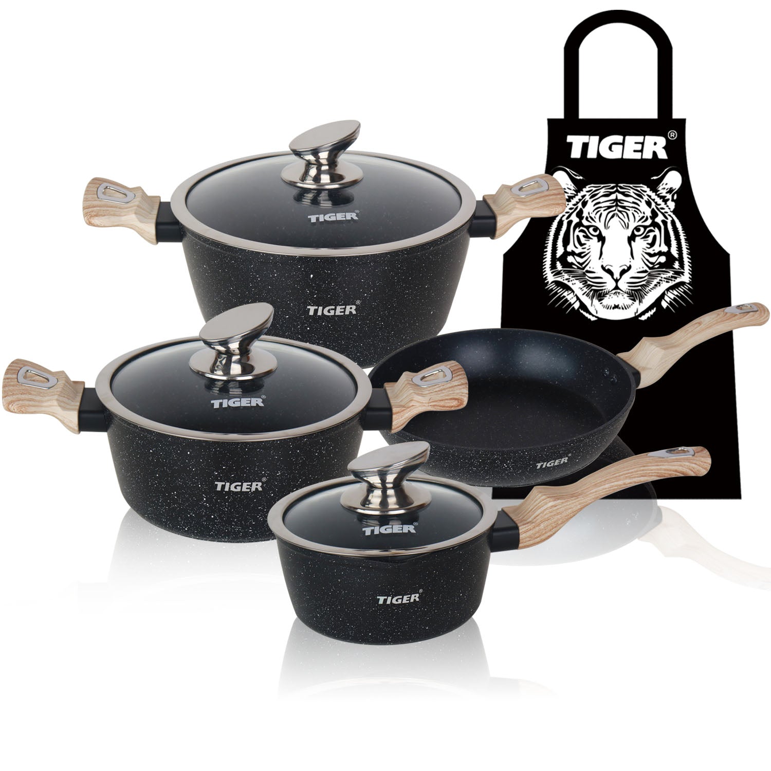 Tiger Non-Stick 8pc Marble Coating Cookware Set — Black | Big5