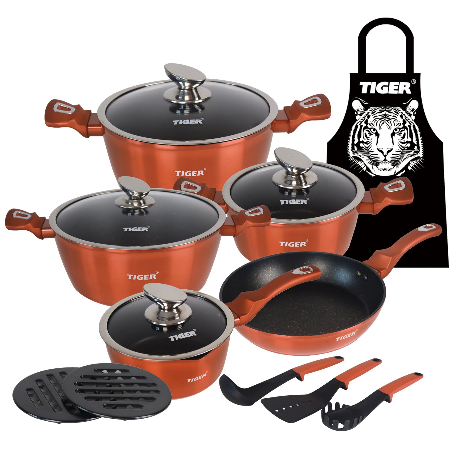 Tiger Non-Stick 15pc Marble Coating Cookware Set — Rose Gold