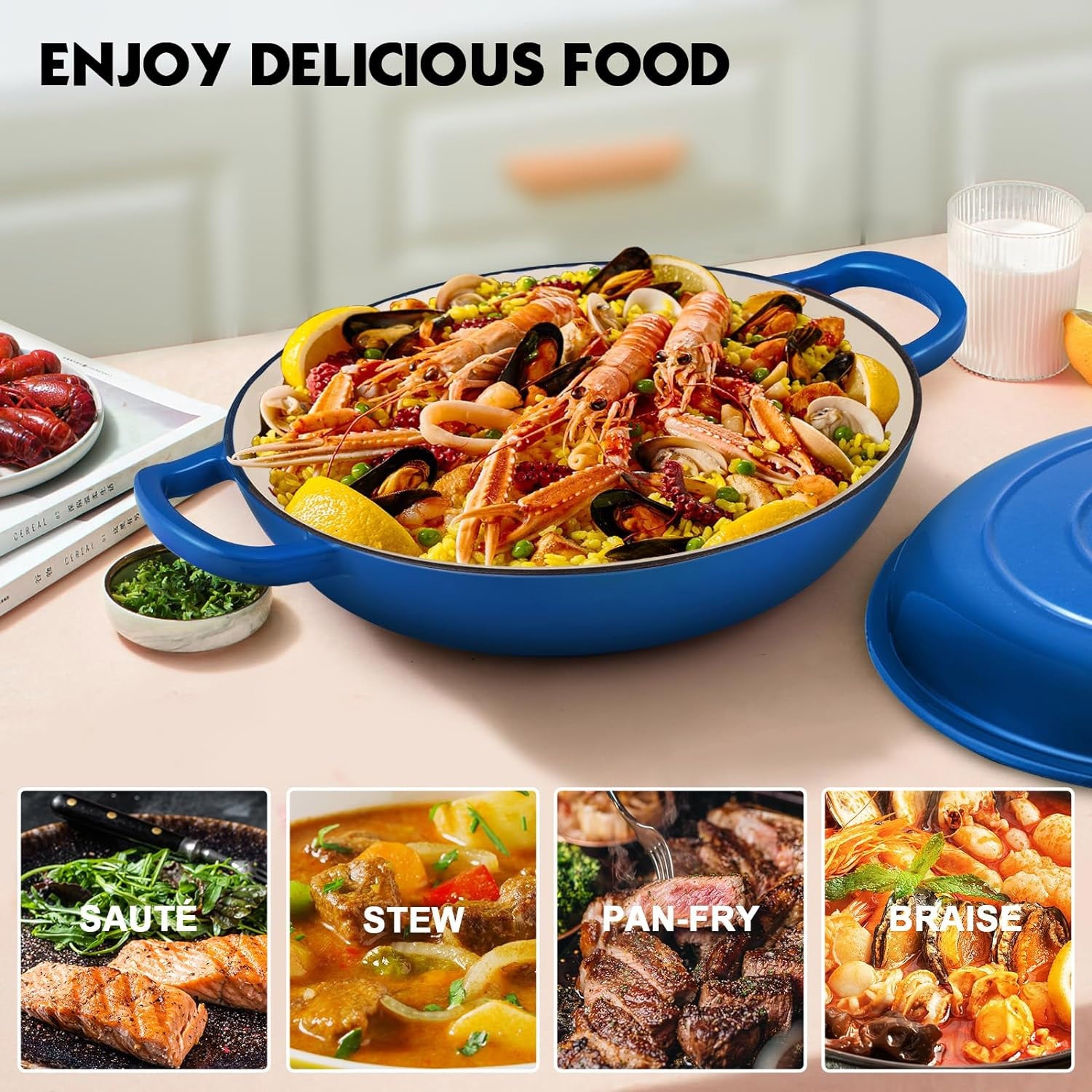 La Cocina 30cm Amazon Blue Cast Iron Shallow Round Casserole Paella Pot - 3.5 Liter - Big5 Cookware Factory Shop