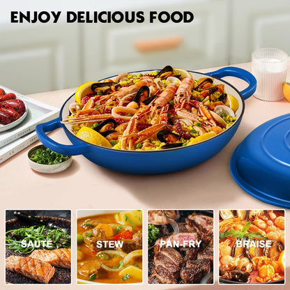 La Cocina 30cm Amazon Blue Cast Iron Shallow Round Casserole Paella Pot - 3.5 Liter - Big5 Cookware Factory Shop