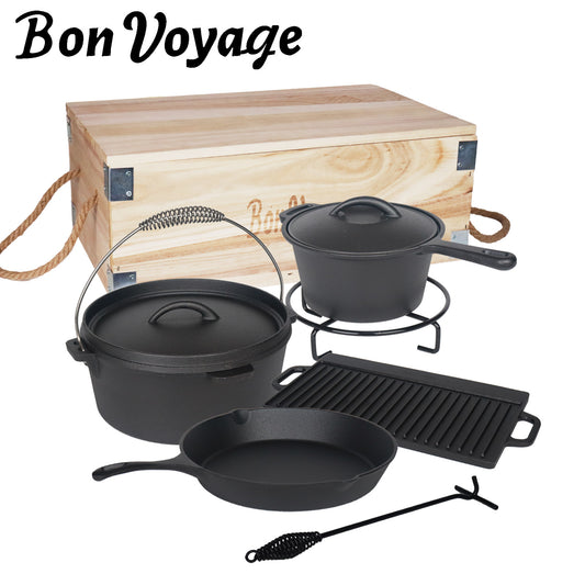Bon Voyage 7 Piece Pre-Seasoned Heavy Duty Cast Iron Camping Set - Big5 Cookware Factory Shop