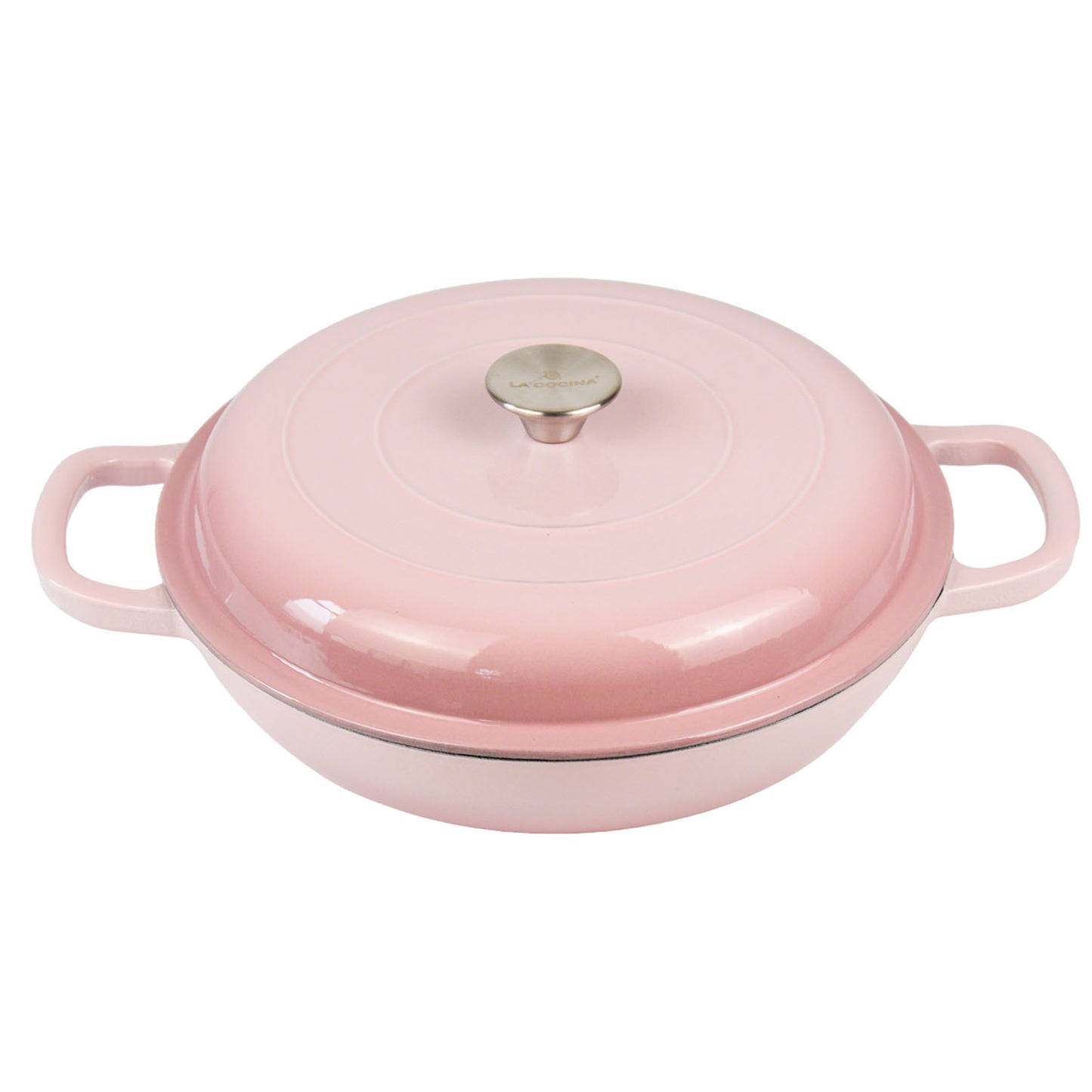La Cocina 30cm Ombre Pink Cast Iron Shallow Round Casserole Paella Pot - 3.5 Liter - Big5 Cookware Factory Shop