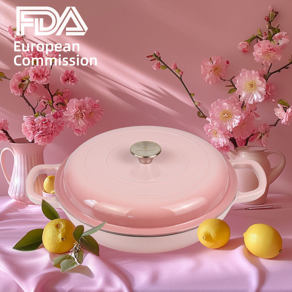 La Cocina 30cm Ombre Pink Cast Iron Shallow Round Casserole Paella Pot - 3.5 Liter - Big5 Cookware Factory Shop