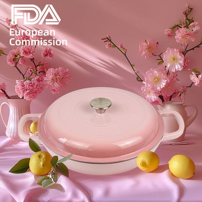 La Cocina 30cm Ombre Pink Cast Iron Shallow Round Casserole Paella Pot - 3.5 Liter - Big5 Cookware Factory Shop