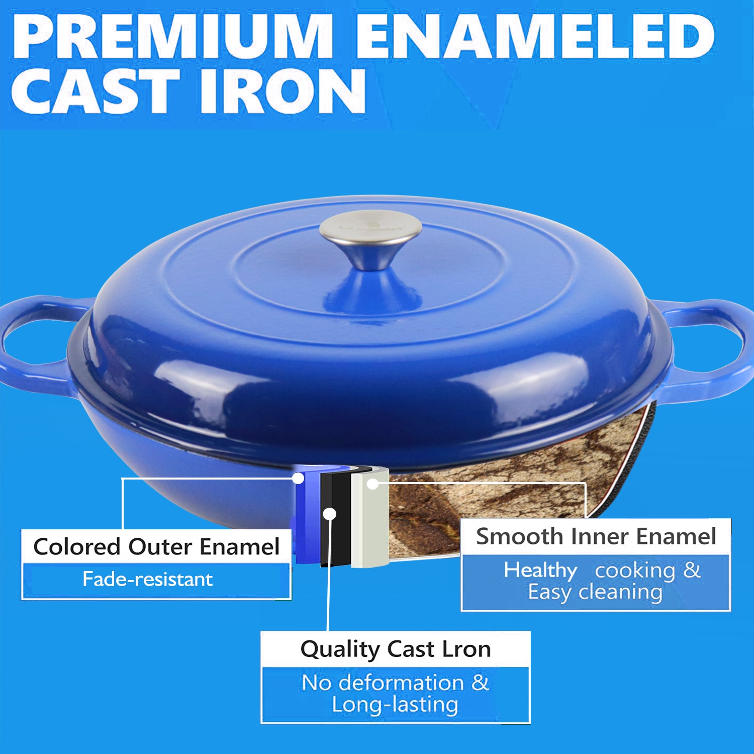 La Cocina 30cm Amazon Blue Cast Iron Shallow Round Casserole Paella Pot - 3.5 Liter - Big5 Cookware Factory Shop