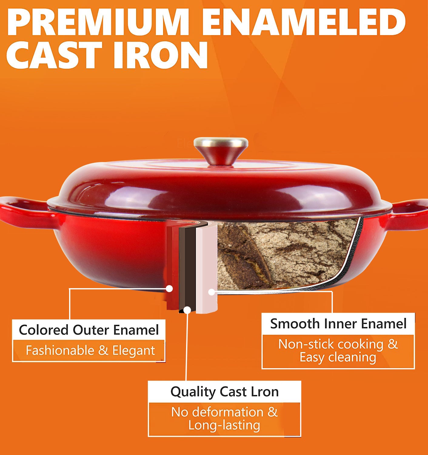 La Cocina Cast Iron Shallow Round Casserole Paella Pot 30cm 3.5L (one pot only) - Big5 Cookware Factory Shop