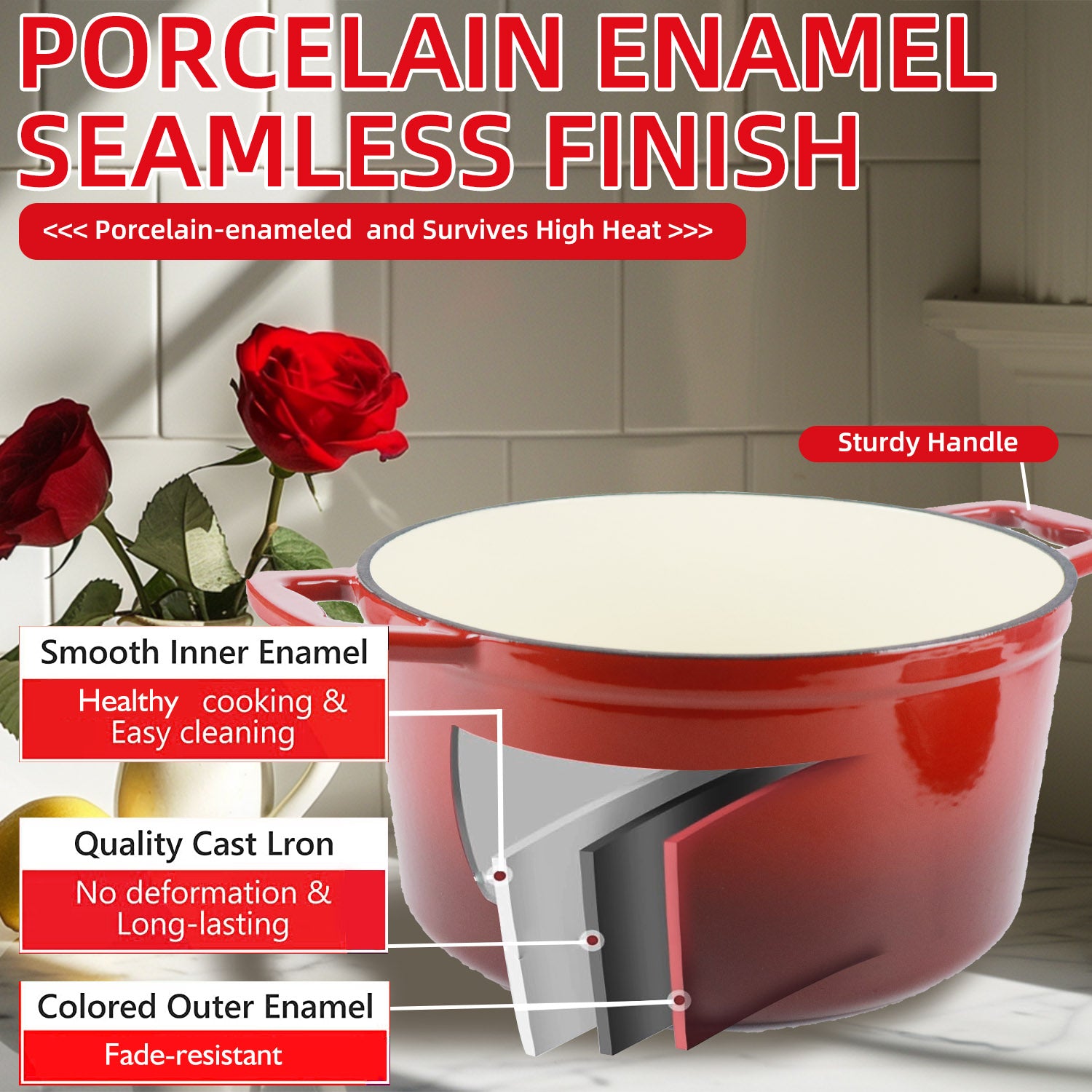 La Cocina 6QT 5.6-Litre Africa Red Cast Iron 26cm Enamelled Round Casserole Pot - Big5 Cookware Factory Shop