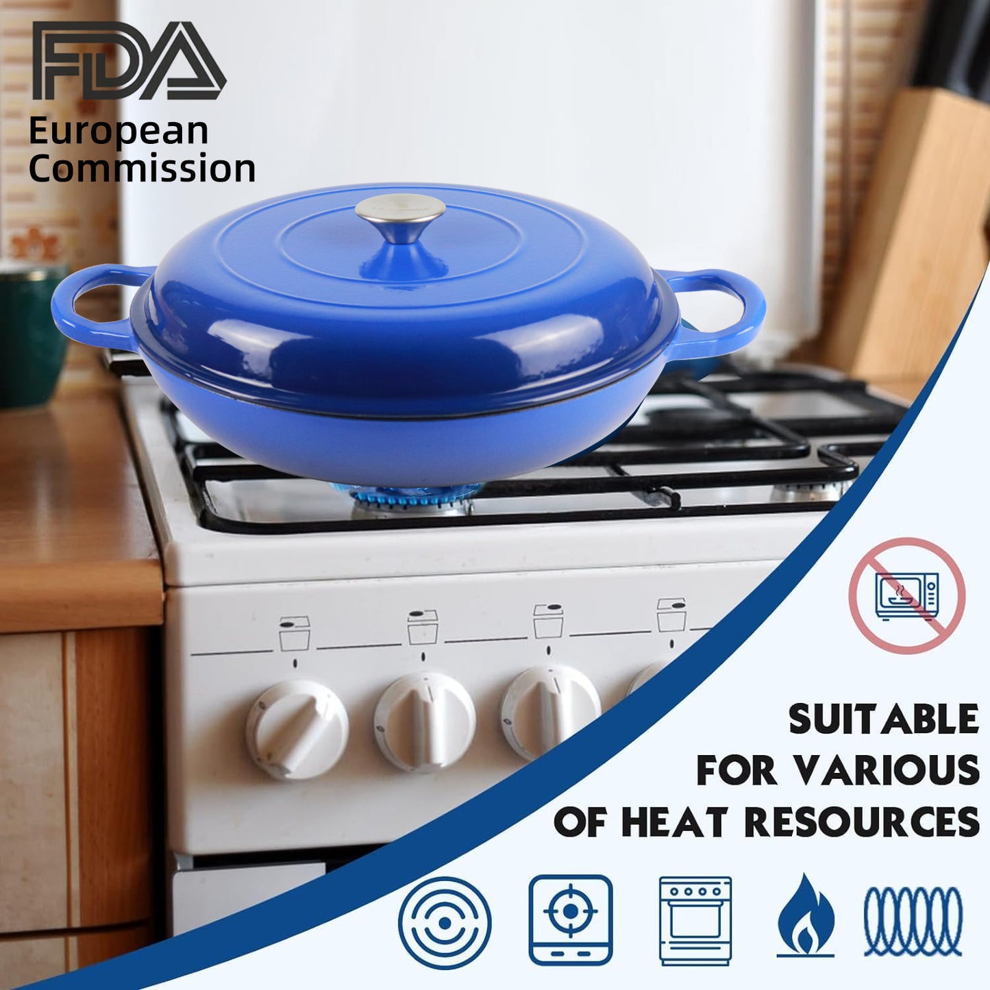 La Cocina 30cm Amazon Blue Cast Iron Shallow Round Casserole Paella Pot - 3.5 Liter - Big5 Cookware Factory Shop