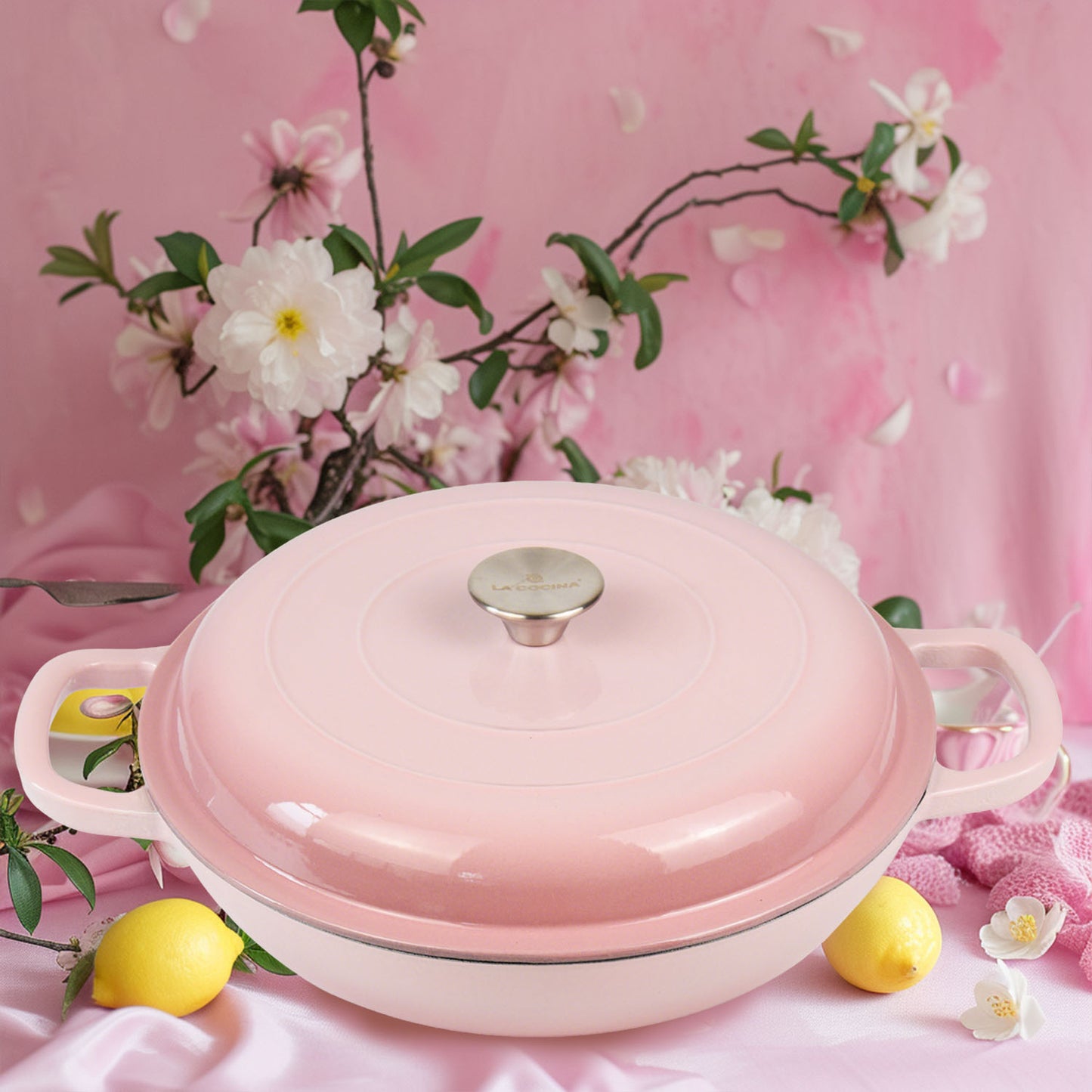 La Cocina 30cm Ombre Pink Cast Iron Shallow Round Casserole Paella Pot - 3.5 Liter - Big5 Cookware Factory Shop