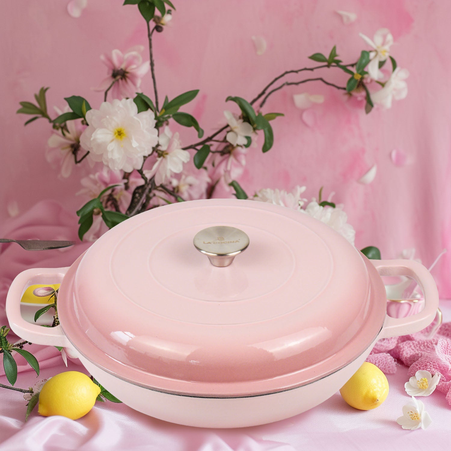 La Cocina 30cm Ombre Pink Cast Iron Shallow Round Casserole Paella Pot - 3.5 Liter - Big5 Cookware Factory Shop