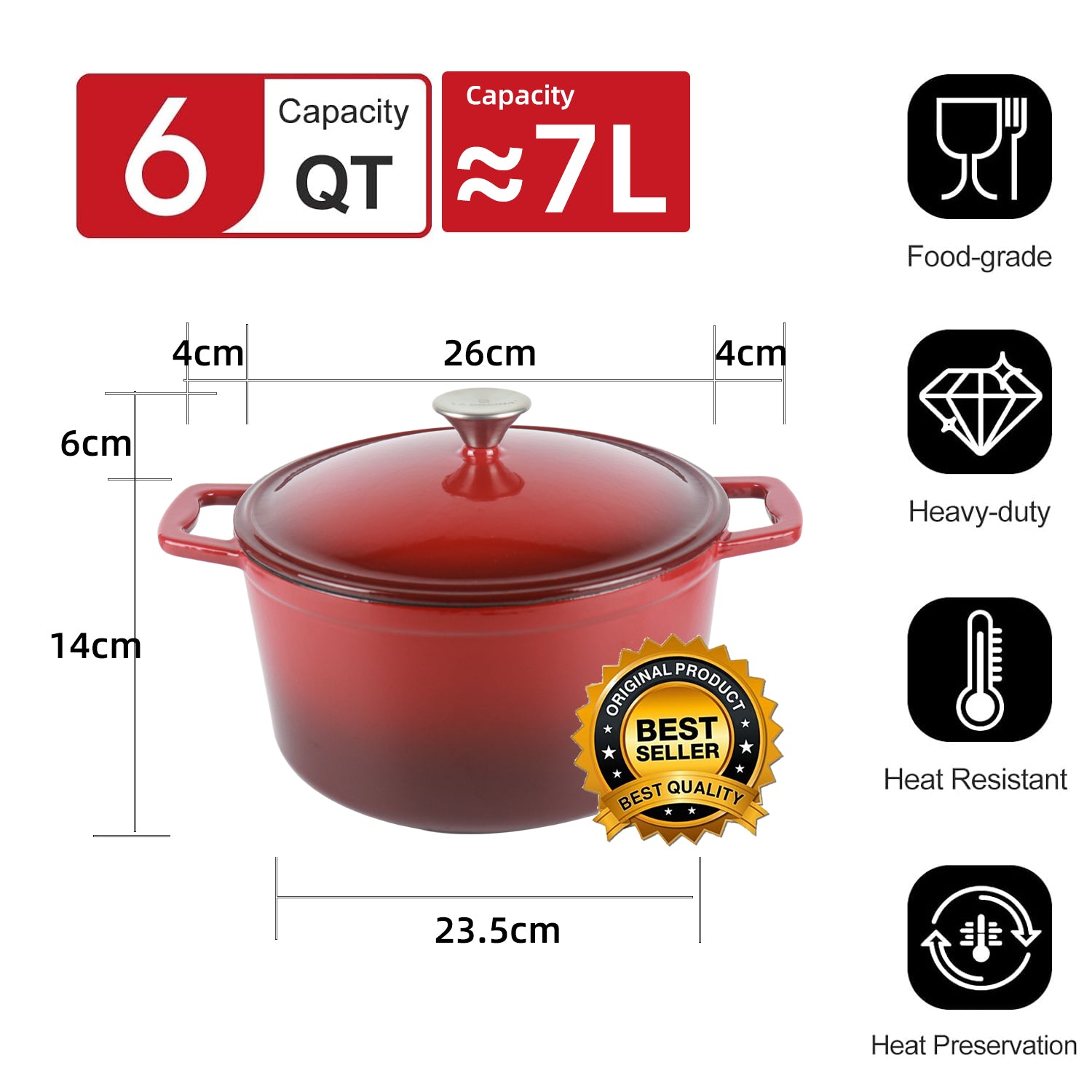 La Cocina 6QT 5.6-Litre Africa Red Cast Iron 26cm Enamelled Round Casserole Pot - Big5 Cookware Factory Shop