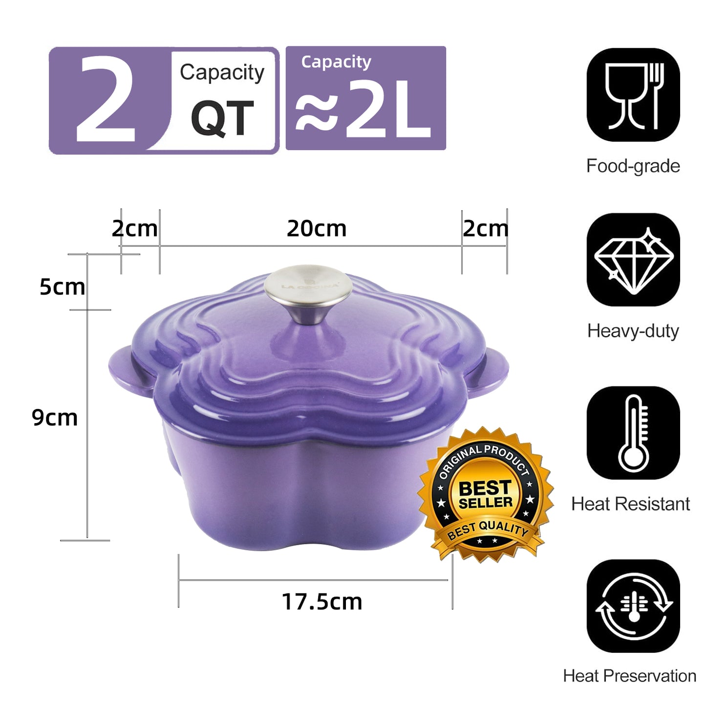 La Cocina 2QT 2-Litre Jacaranda Love Cast Iron 20cm Enamelled Casserole Pot - Big5 Cookware Factory Shop