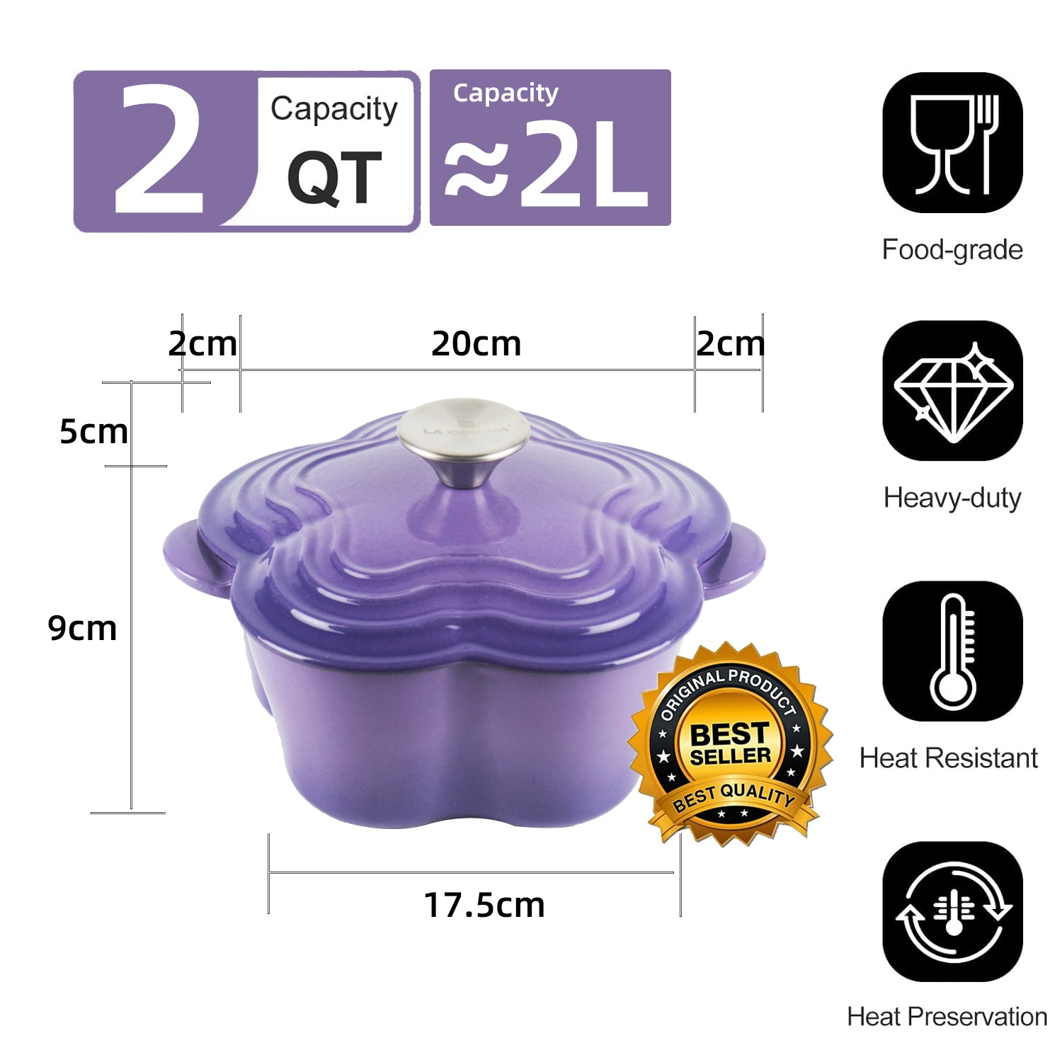 La Cocina 2QT 2-Litre Jacaranda Love Cast Iron 20cm Enamelled Casserole Pot - Big5 Cookware Factory Shop