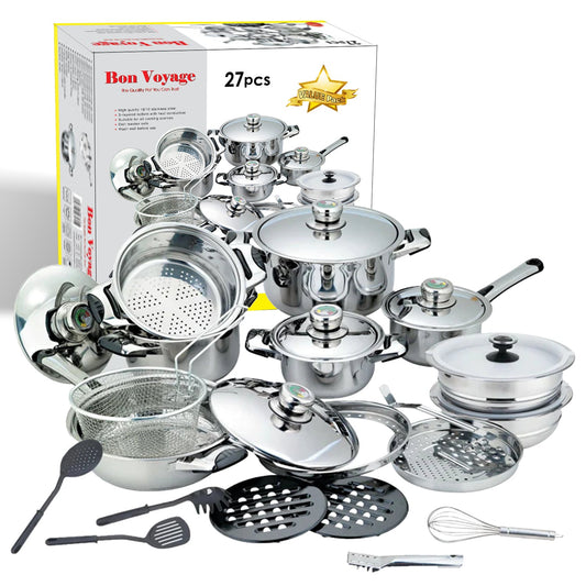 Amazing Deal!  Bon Voyage 27PC HQ Stainless Pots Set (S27) - Big5 Cookware Factory Shop