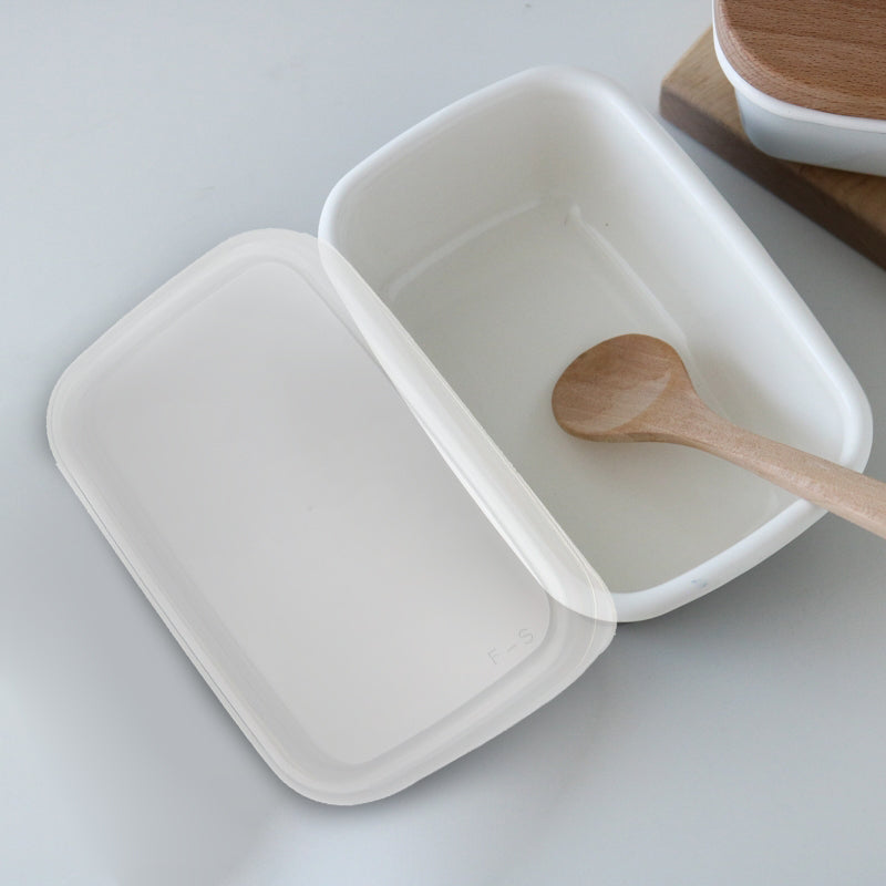 Enamel Rectangular Food Container Butter Dish with Plastic Lid (for 250g butter) - Big5 Cookware Factory Shop