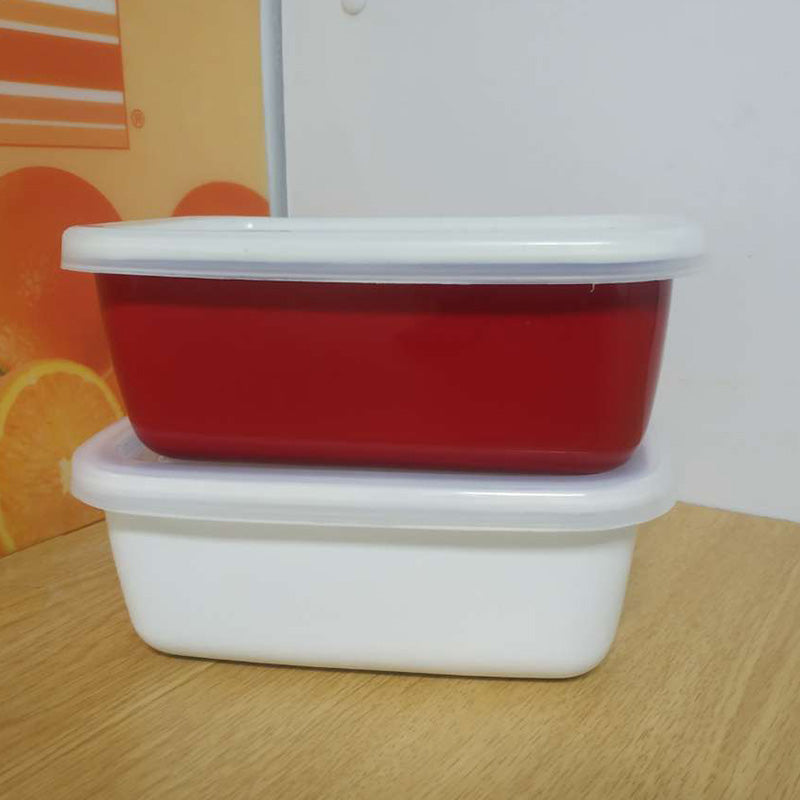 Enamel Rectangular Food Container Butter Dish with Plastic Lid (for 250g butter) - Big5 Cookware Factory Shop