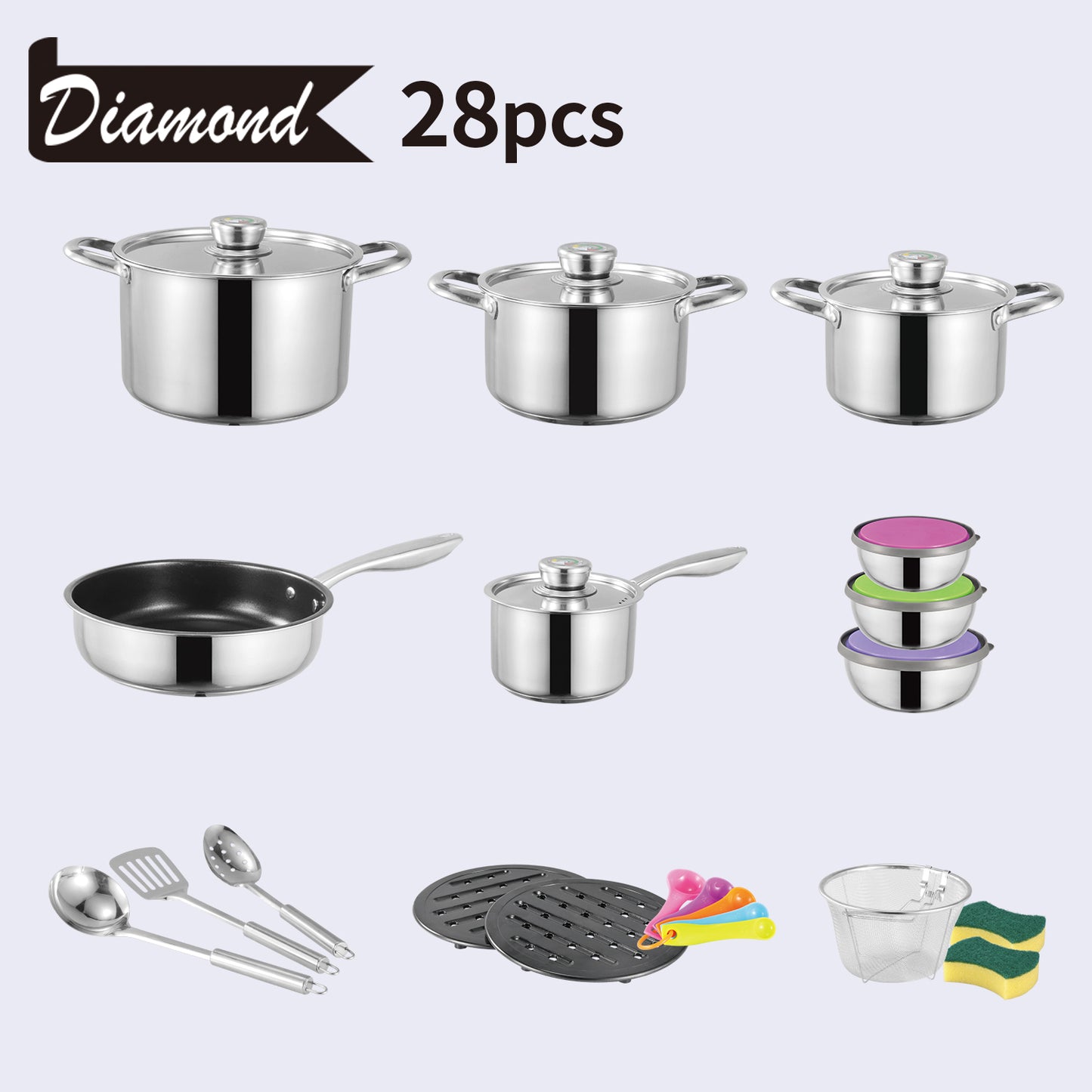 Bon Voyage Diamond 28 Piece Stainless Pots Set - Big5 Cookware Factory Shop