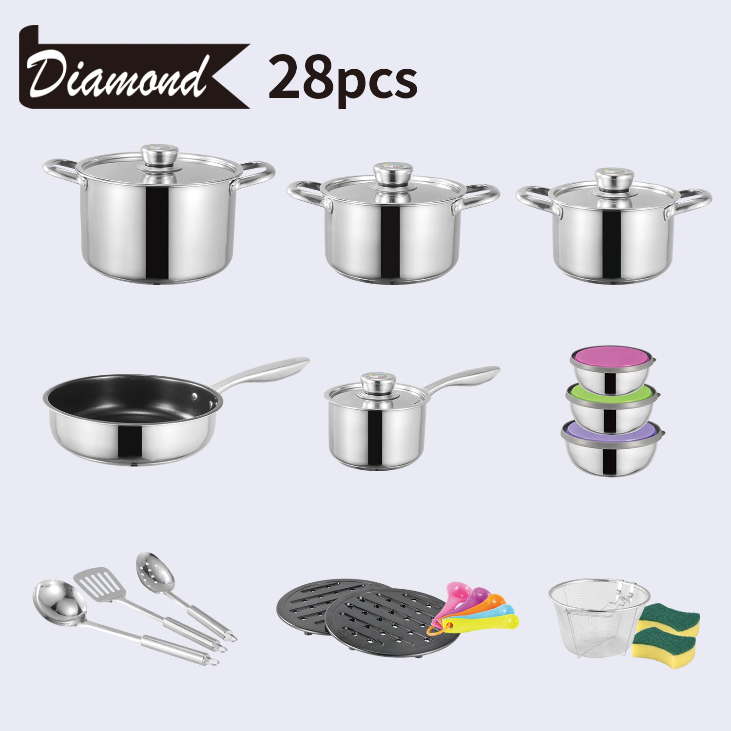 Bon Voyage Diamond 28 Piece Stainless Pots Set - Big5 Cookware Factory Shop