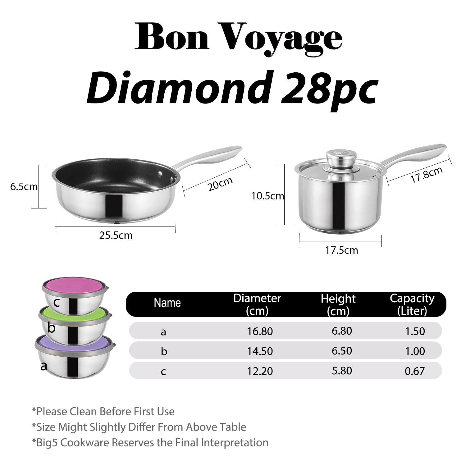Bon Voyage Diamond 28 Piece Stainless Pots Set - Big5 Cookware Factory Shop