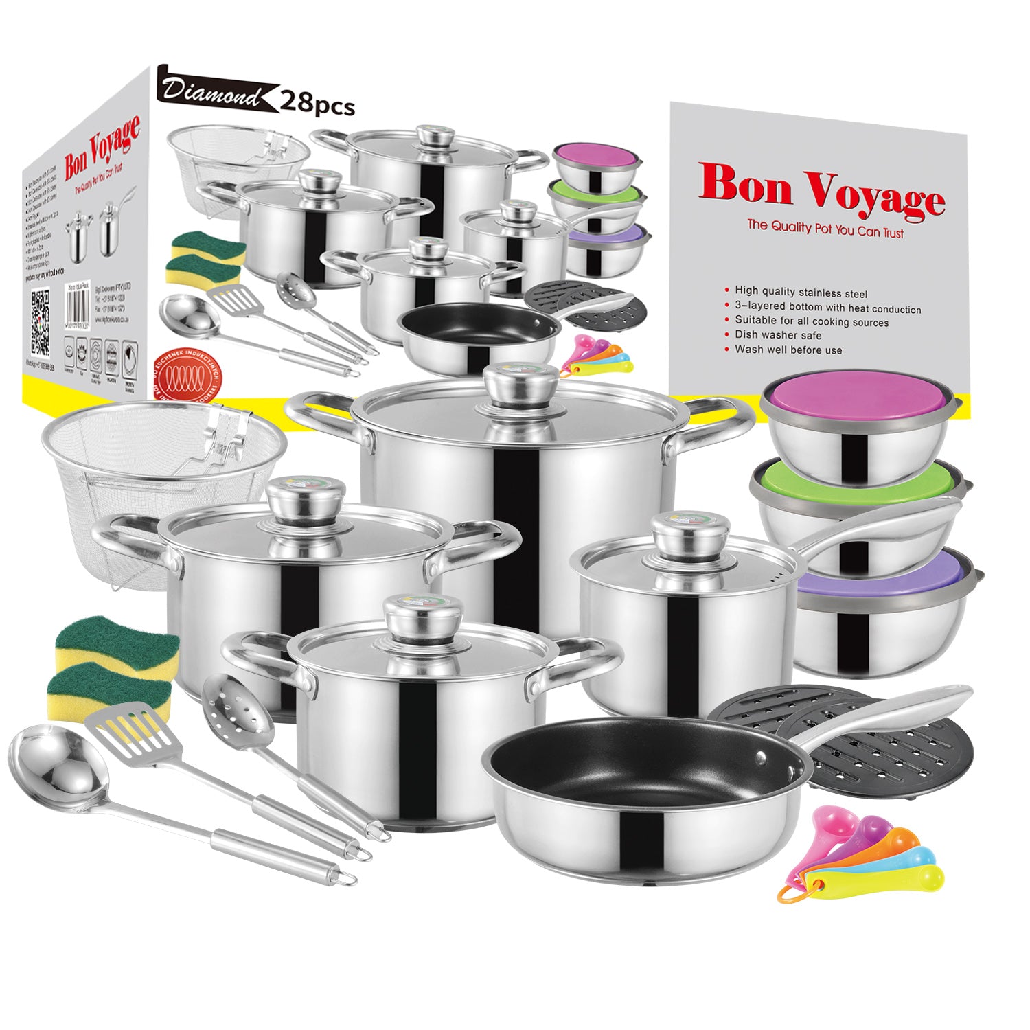 Bon Voyage Diamond 28 Piece Stainless Pots Set - Big5 Cookware Factory Shop