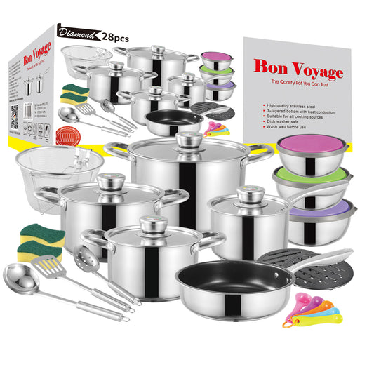 Bon Voyage Diamond 28 Piece Stainless Pots Set - Big5 Cookware Factory Shop