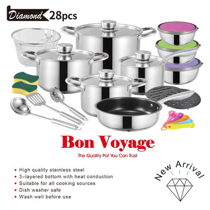 Bon Voyage Diamond 28 Piece Stainless Pots Set - Big5 Cookware Factory Shop