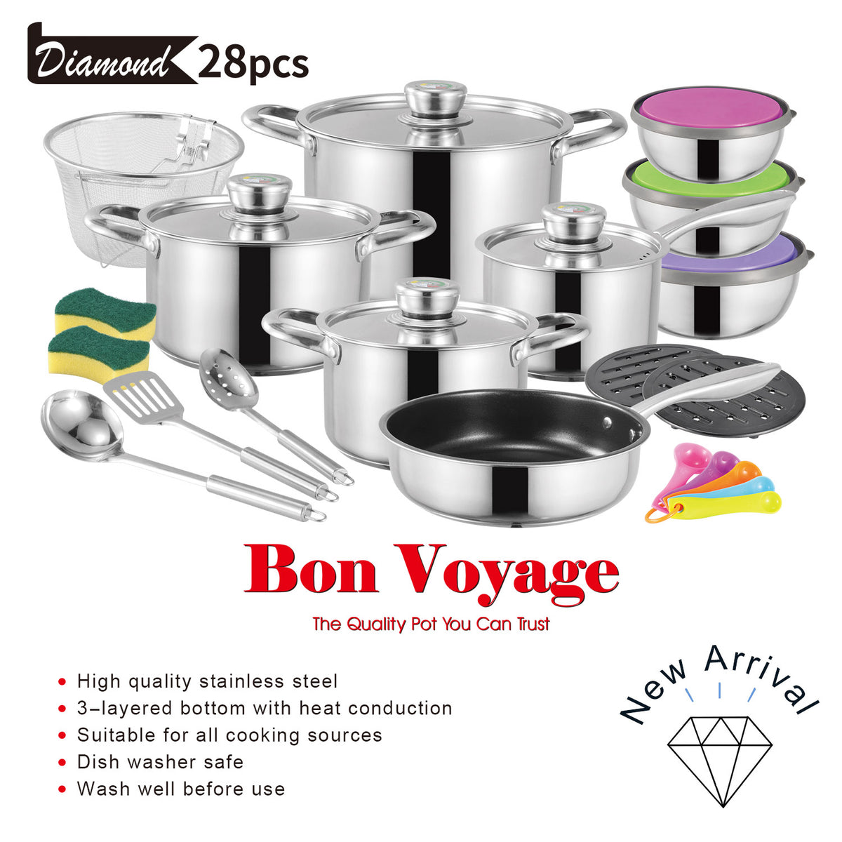 Bon Voyage Diamond 28pc Stainless Steel Cookware Set | Big5 Cookware ...