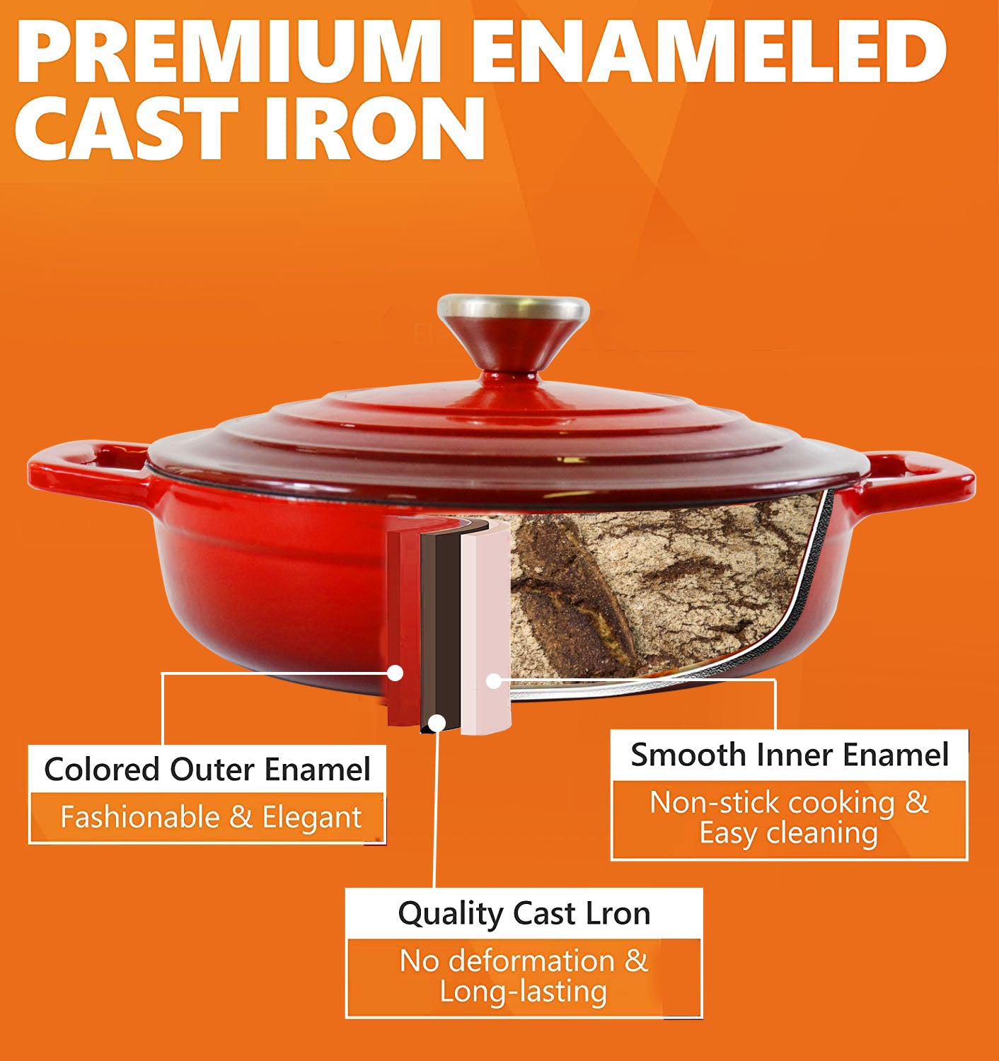La Cocina Cast Iron Shallow Casserole 22cm 1.9L (one pot only) - Big5 Cookware Factory Shop