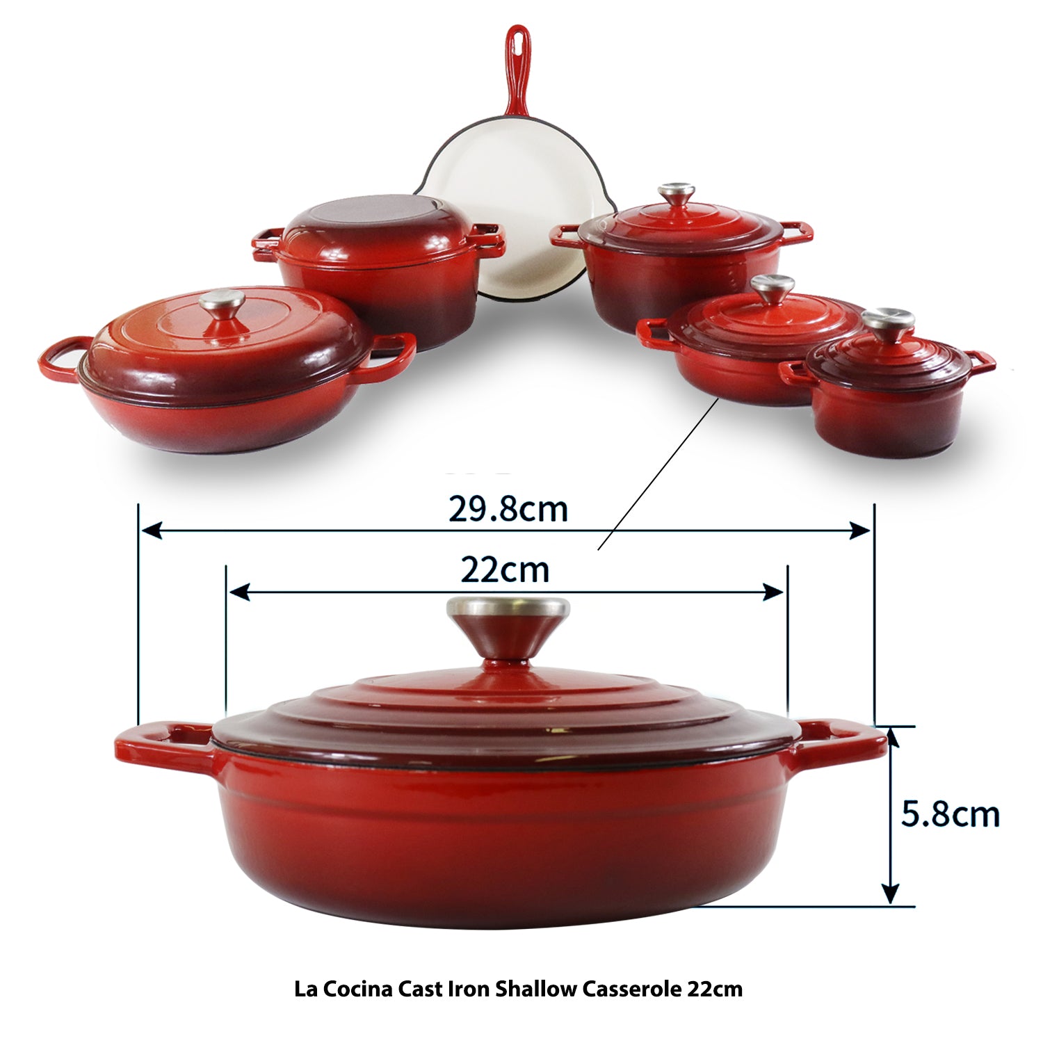 La Cocina Cast Iron Shallow Casserole 22cm 1.9L (one pot only) - Big5 Cookware Factory Shop