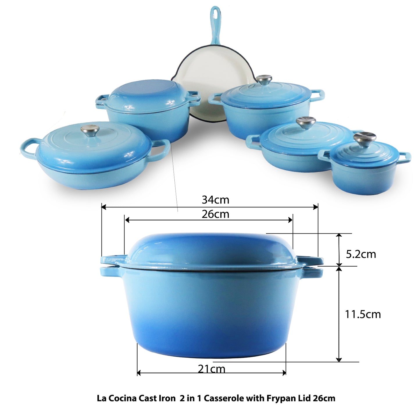La Cocina Cast Iron 2 in 1 Casserole with Frypan Lid 26cm (one pot only) - Big5 Cookware Factory Shop
