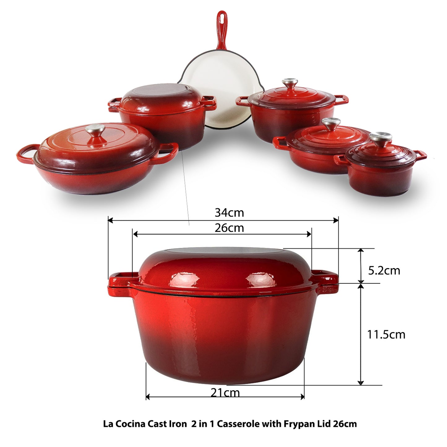 La Cocina Cast Iron 2 in 1 Casserole with Frypan Lid 26cm (one pot only) - Big5 Cookware Factory Shop