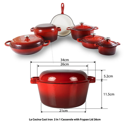 La Cocina Cast Iron 2 in 1 Casserole with Frypan Lid 26cm (one pot only) - Big5 Cookware Factory Shop