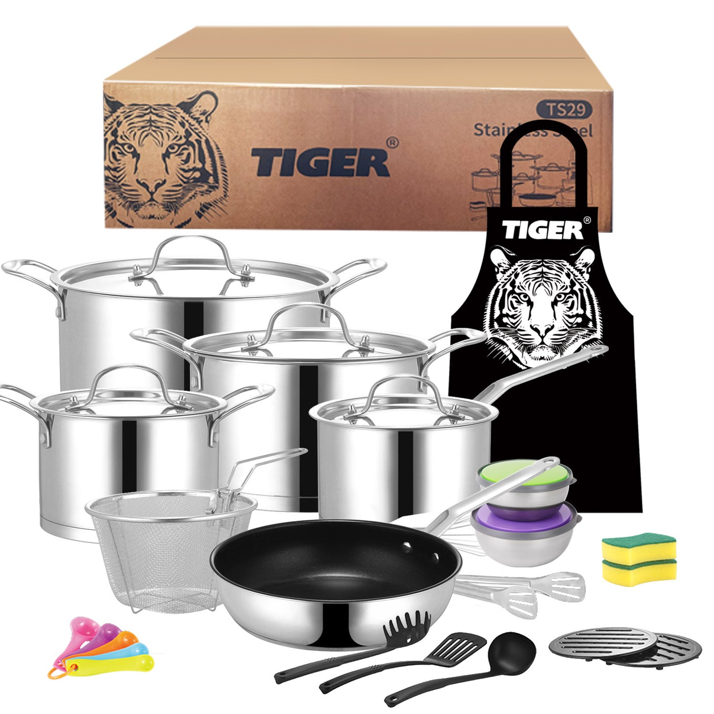 Tiger Stainless Steel 29 Piece Cookware Set - Stainless Steel Lid Edition - Big5 Cookware Factory Shop