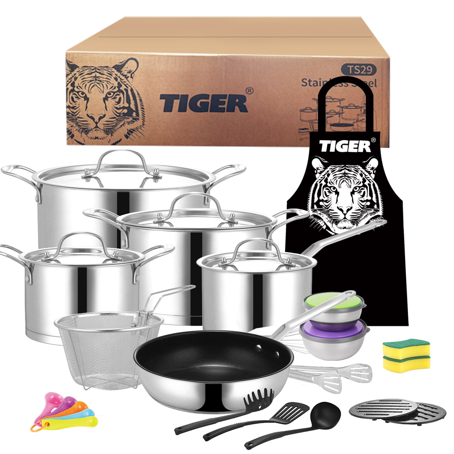 Tiger Stainless Steel 29 Piece Cookware Set - Stainless Steel Lid Edition - Big5 Cookware Factory Shop