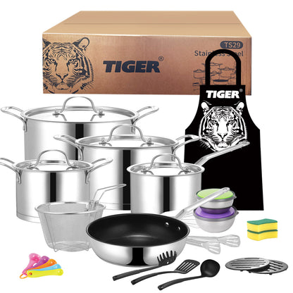 Tiger Stainless Steel 29 Piece Cookware Set - Stainless Steel Lid Edition - Big5 Cookware Factory Shop