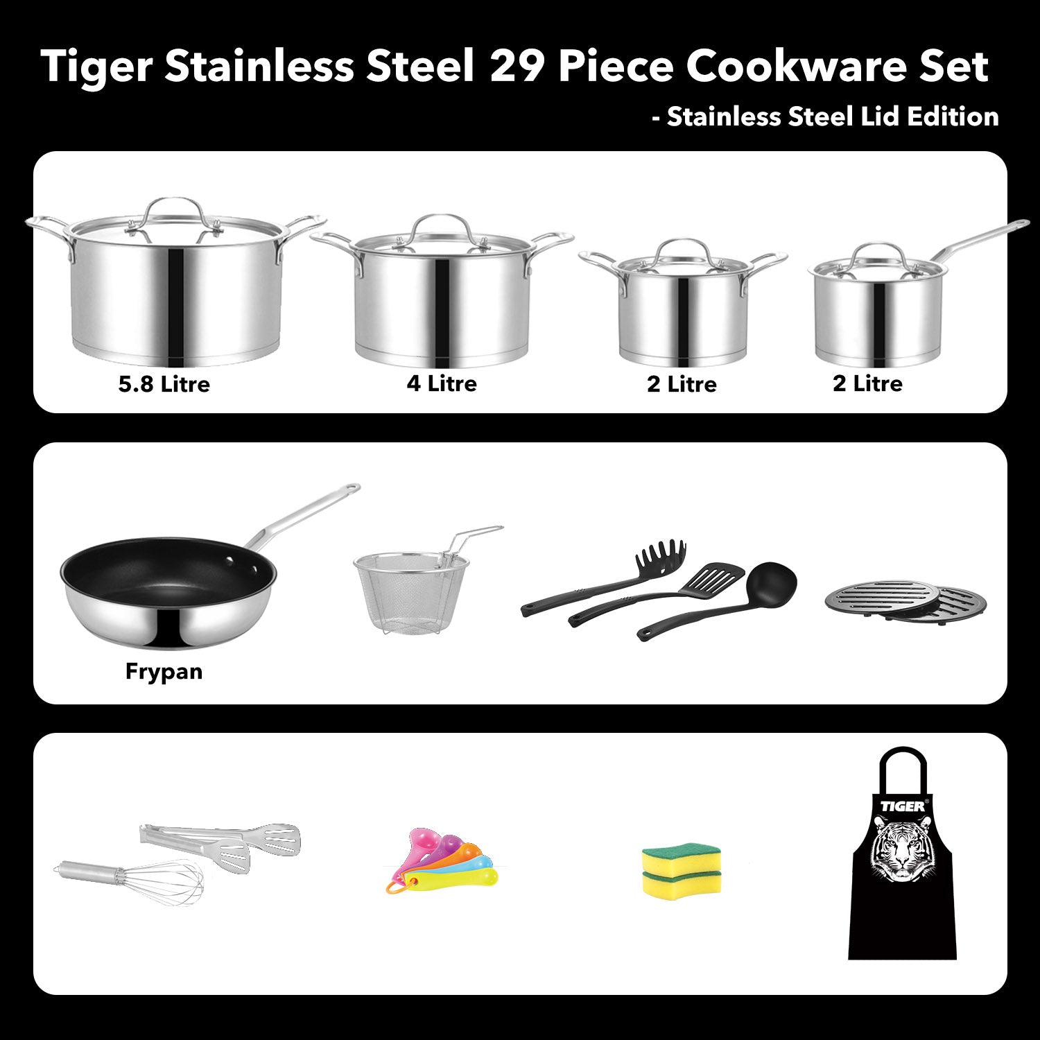 Tiger Stainless Steel 29 Piece Cookware Set - Stainless Steel Lid Edition - Big5 Cookware Factory Shop