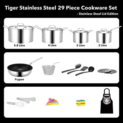 Tiger Stainless Steel 29 Piece Cookware Set - Stainless Steel Lid Edition - Big5 Cookware Factory Shop
