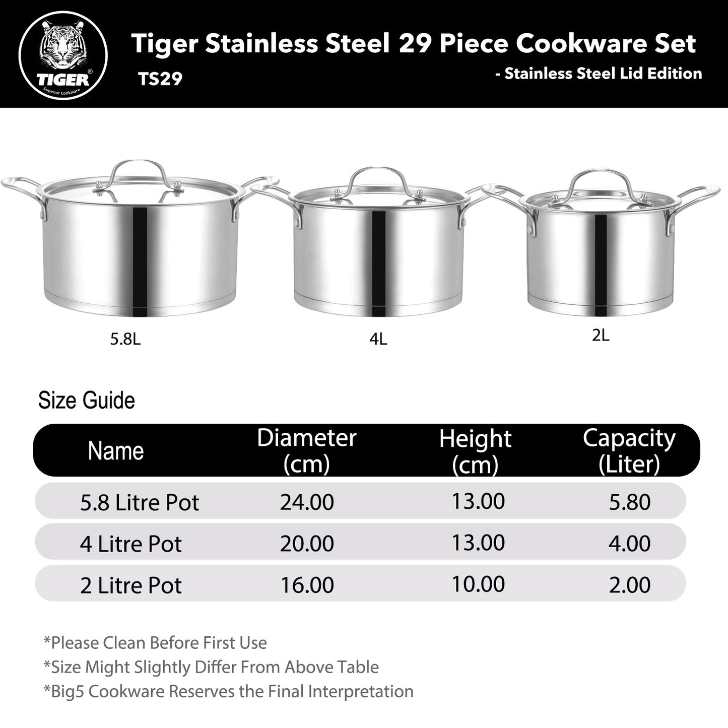 Tiger Stainless Steel 29 Piece Cookware Set - Stainless Steel Lid Edition - Big5 Cookware Factory Shop