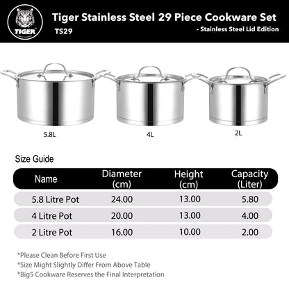 Tiger Stainless Steel 29 Piece Cookware Set - Stainless Steel Lid Edition - Big5 Cookware Factory Shop