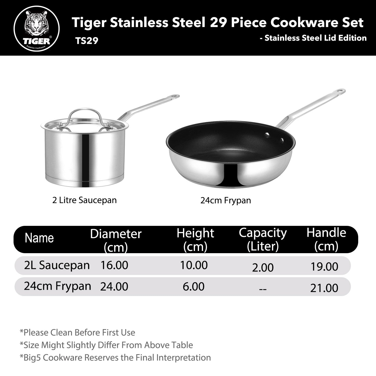 Tiger Stainless Steel 29 Piece Cookware Set - Stainless Steel Lid Edition - Big5 Cookware Factory Shop