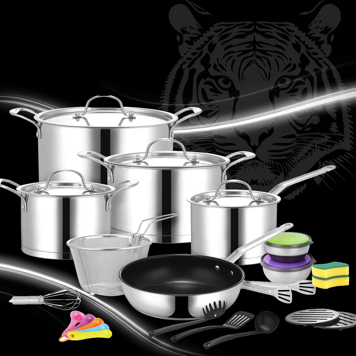 Tiger Stainless Steel 29 Piece Cookware Set - Stainless Steel Lid Edition - Big5 Cookware Factory Shop