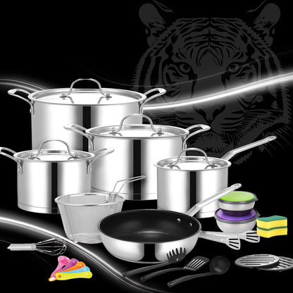 Tiger Stainless Steel 29 Piece Cookware Set - Stainless Steel Lid Edition - Big5 Cookware Factory Shop