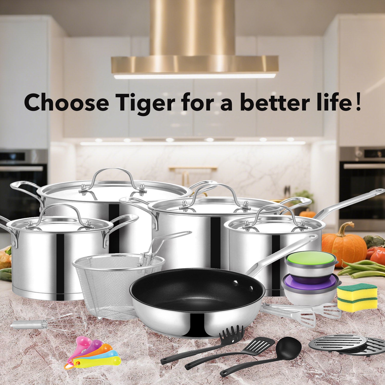 Tiger Stainless Steel 29 Piece Cookware Set - Stainless Steel Lid Edition - Big5 Cookware Factory Shop