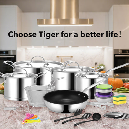 Tiger Stainless Steel 29 Piece Cookware Set - Stainless Steel Lid Edition - Big5 Cookware Factory Shop