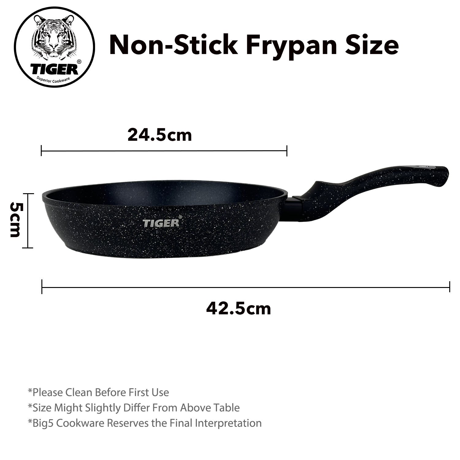Tiger Non-Stick Marble Coating Fry Pan 24cm Black - Big5 Cookware Factory Shop