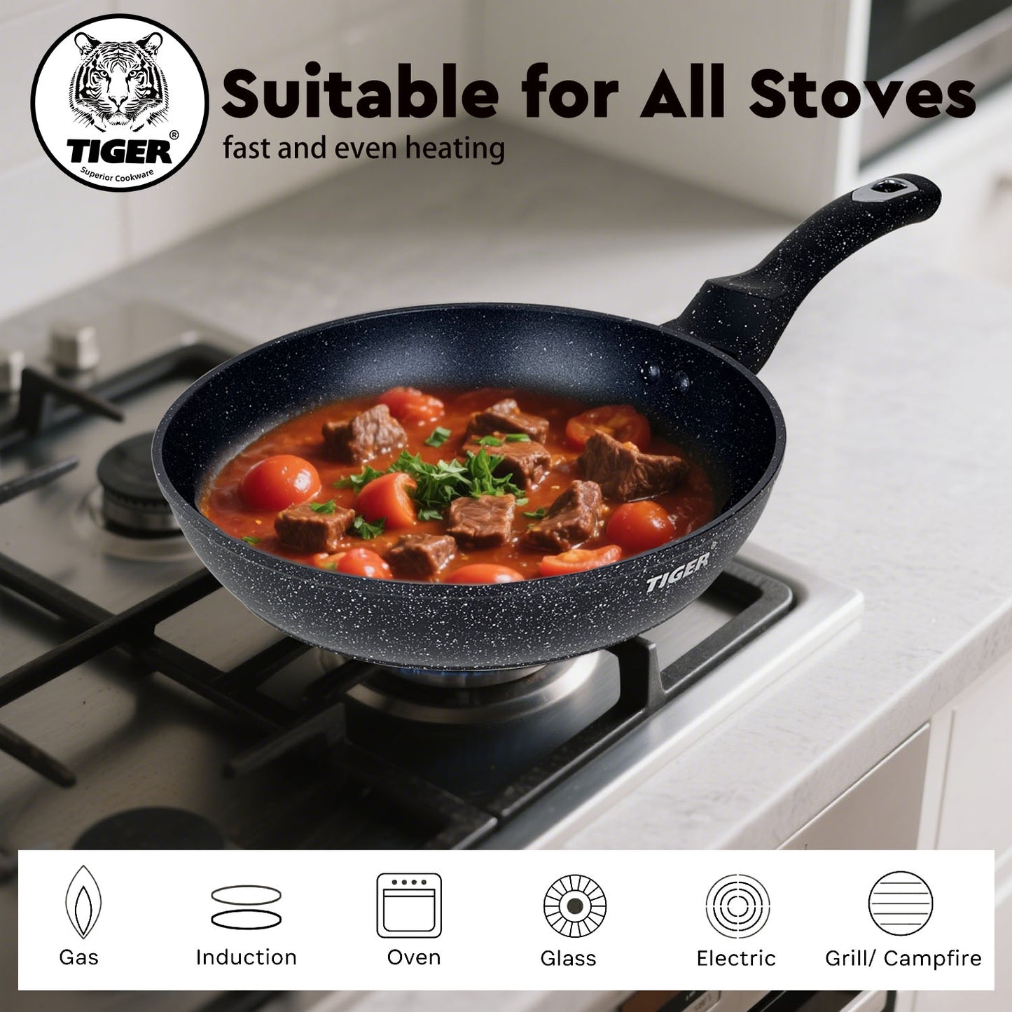 Tiger Non-Stick Marble Coating Fry Pan 24cm Black - Big5 Cookware Factory Shop