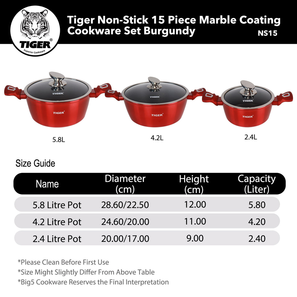 Tiger Non-Stick 15pc Marble Coating Cookware Set — Burgundy | Big5 ...