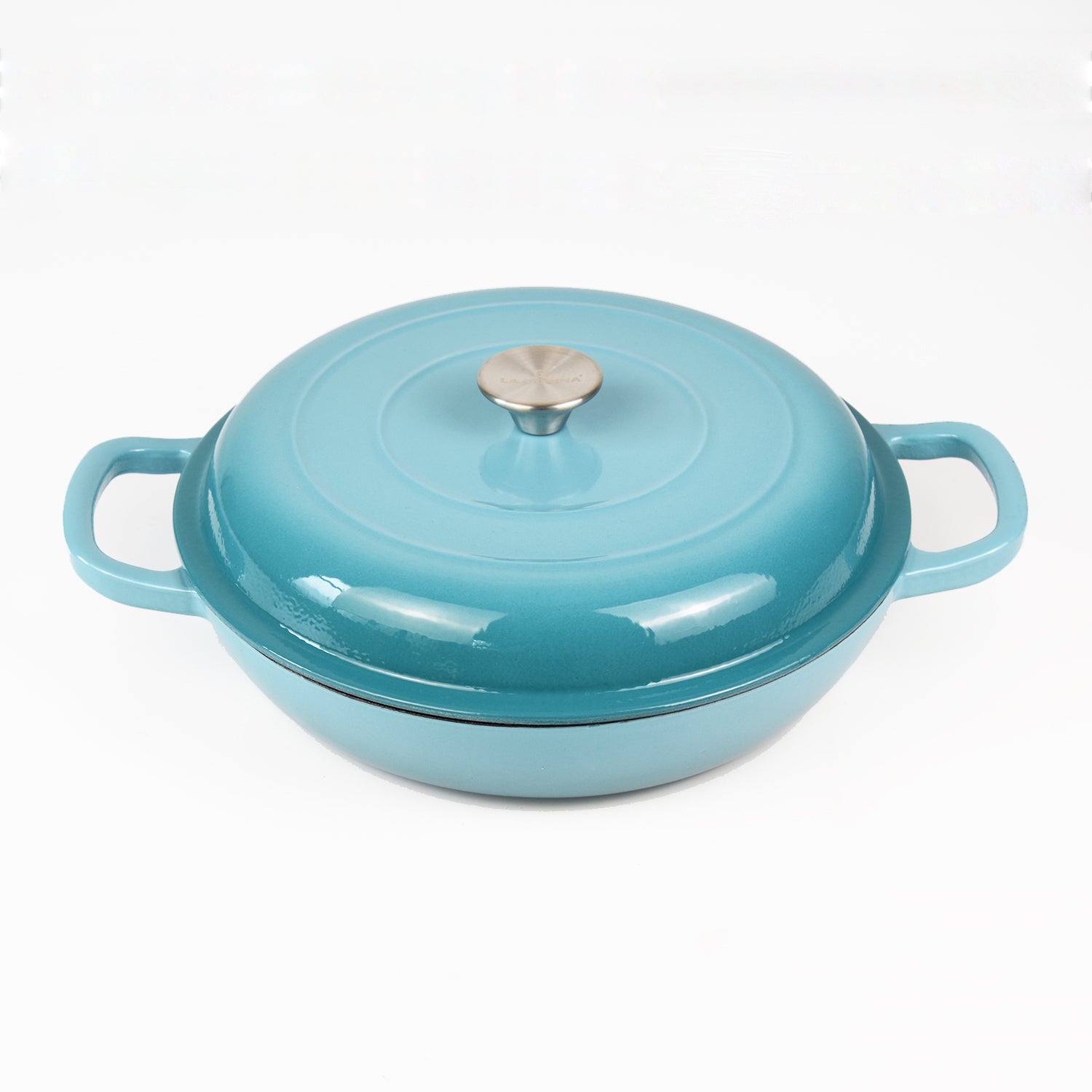 La Cocina 30cm Turquoise Cast Iron Shallow Round Casserole Paella Pot - 3.5 Liter - Big5 Cookware Factory Shop