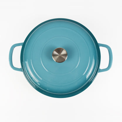 La Cocina 30cm Turquoise Cast Iron Shallow Round Casserole Paella Pot - 3.5 Liter - Big5 Cookware Factory Shop