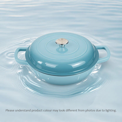 La Cocina 30cm Turquoise Cast Iron Shallow Round Casserole Paella Pot - 3.5 Liter - Big5 Cookware Factory Shop